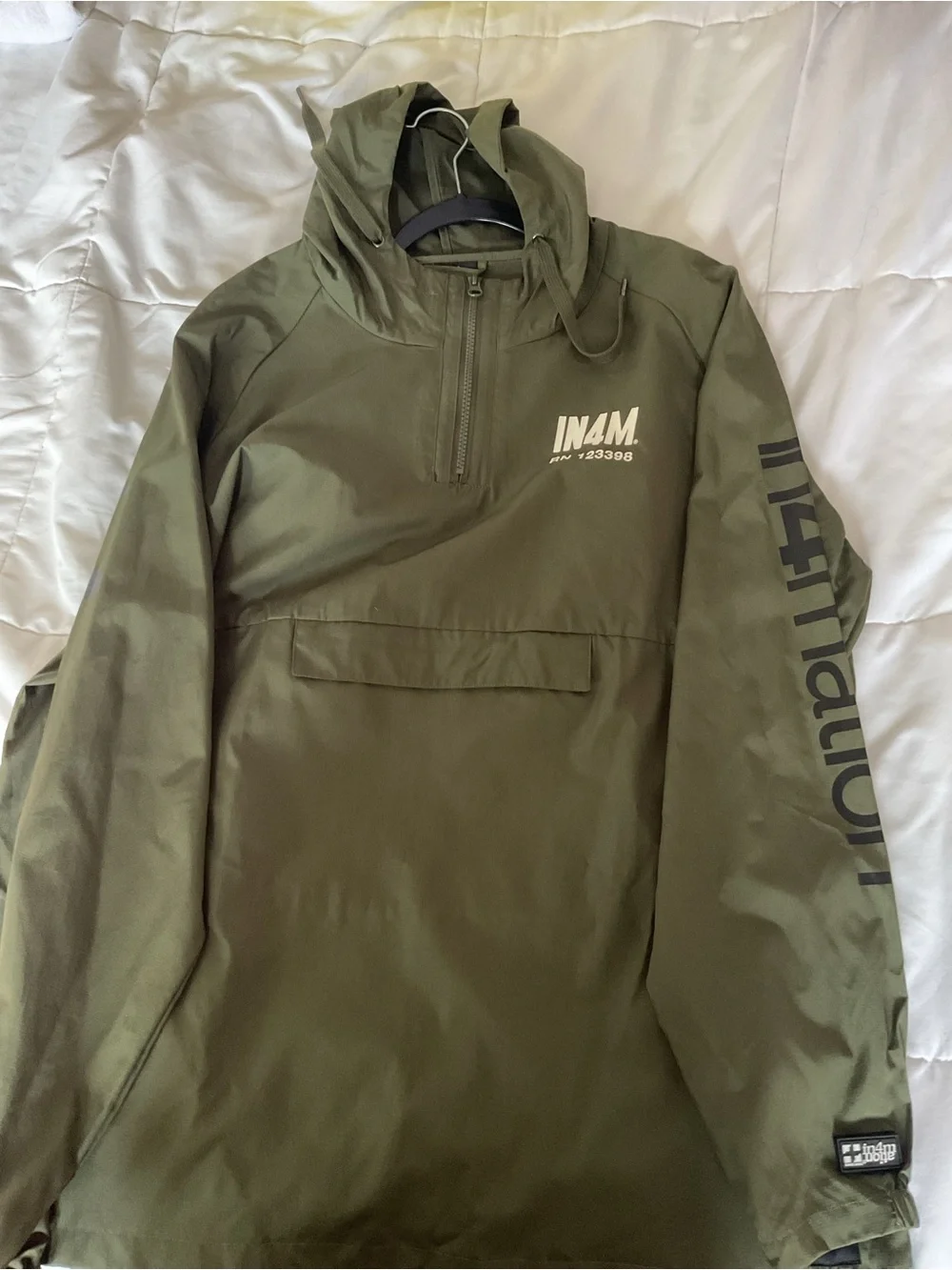 Olive Hooded Pullover Rain Anorak with Sleeve Logo